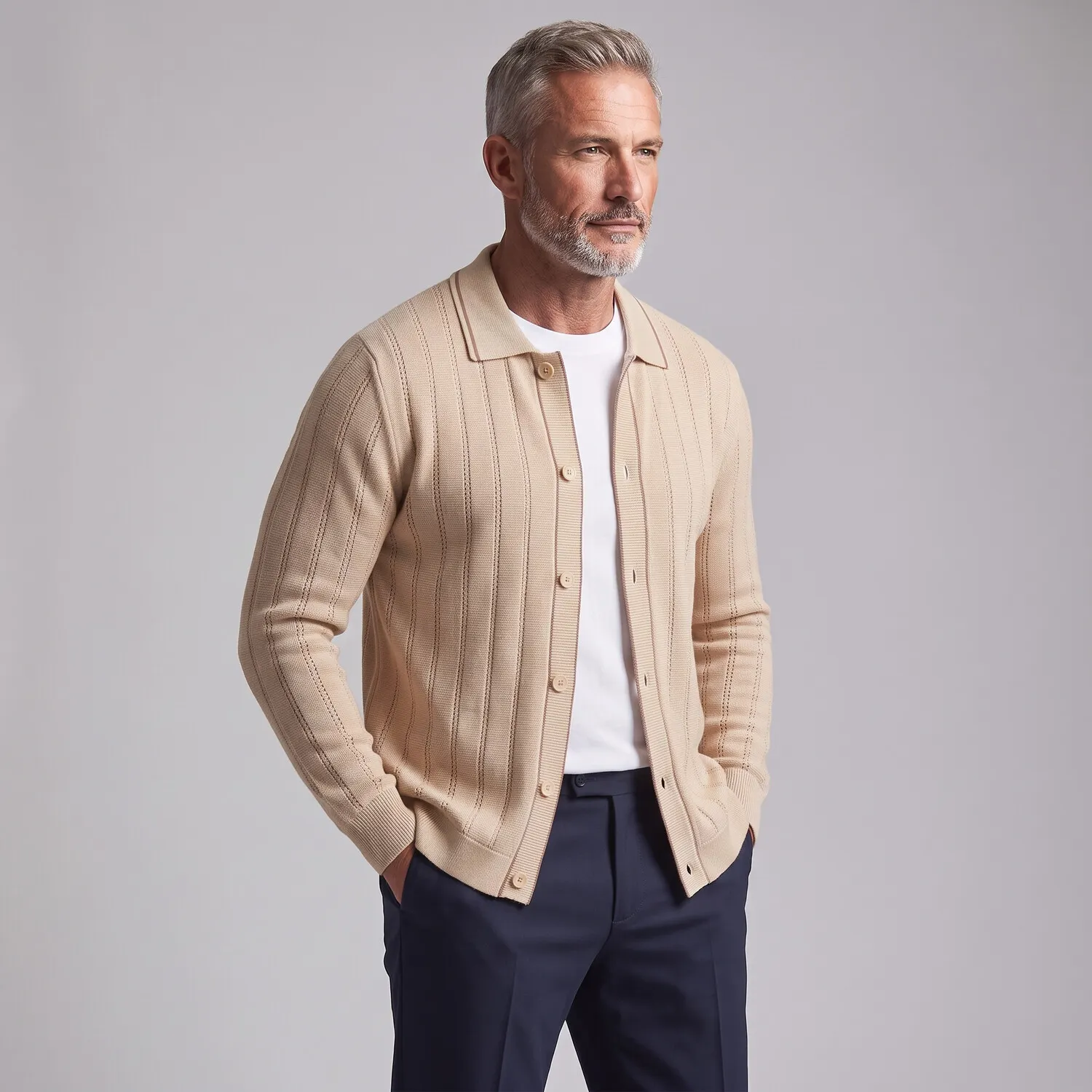 para hombre Navy Blue Hollow Out Contrast Trim Single Breasted tejido Cardigan