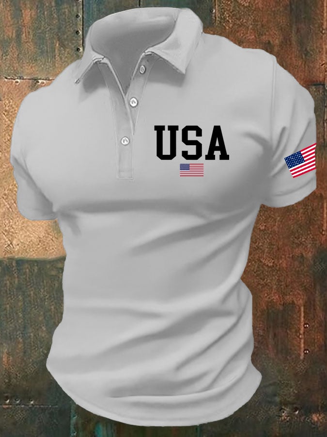 Camisa polo Independence Day Flag estampado casual para hombre