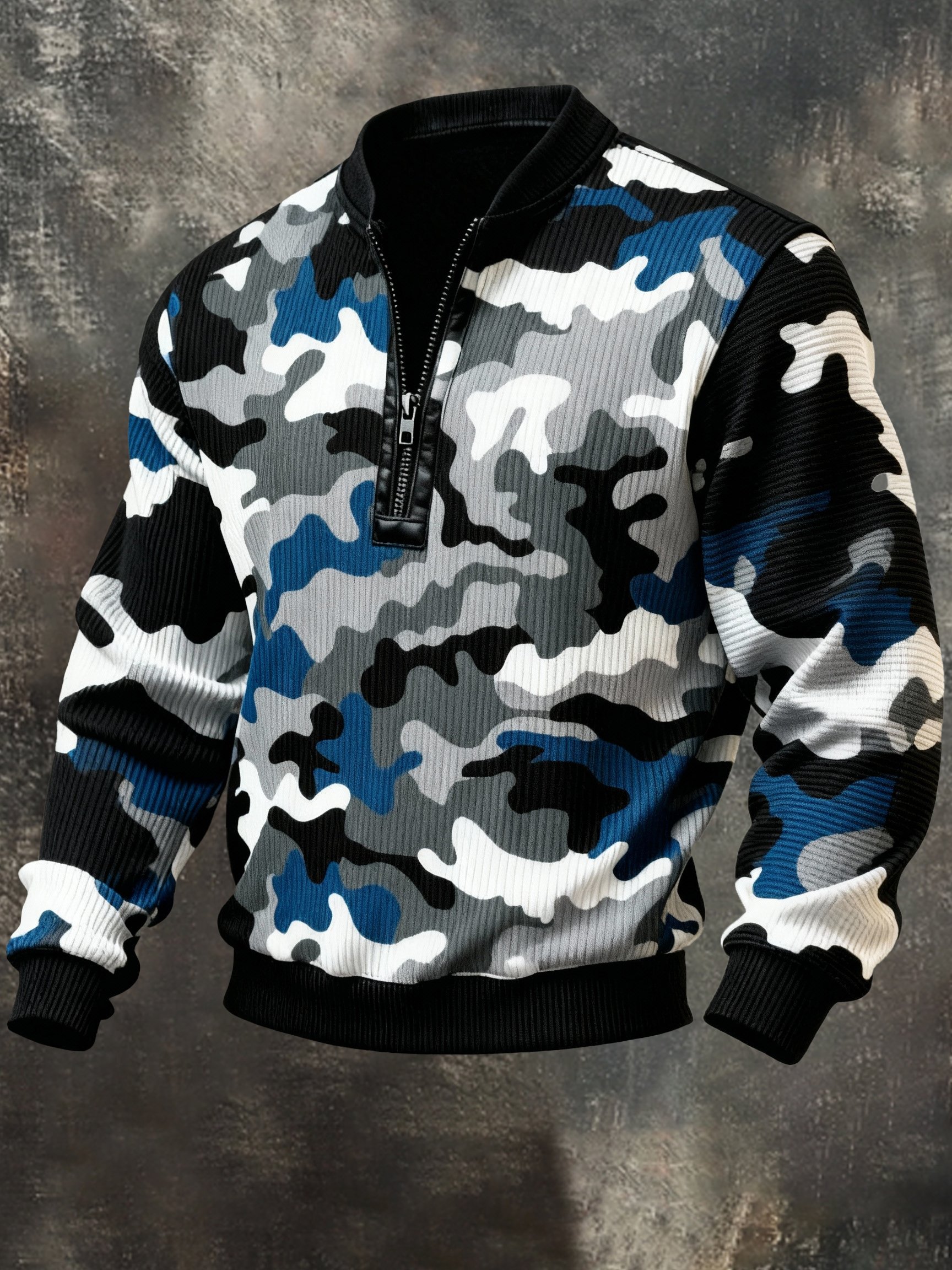 Sudadera casual retro Contrast Color Half Zip Stand cuello de manga larga para hombre