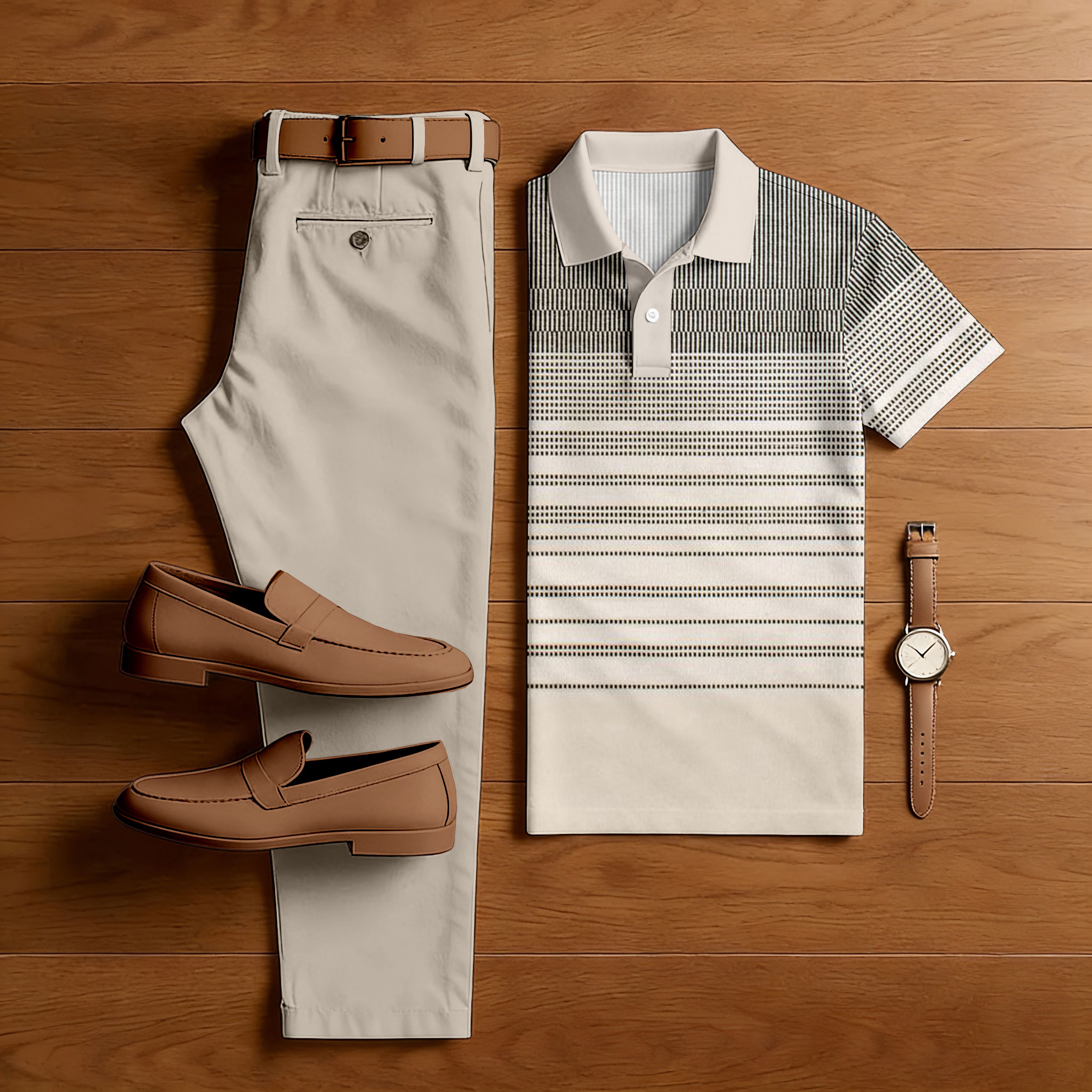 Conjunto de dos piezas casual Beige Color Matching a rayas estampado de manga corta camisa polo & Trousers para hombre
