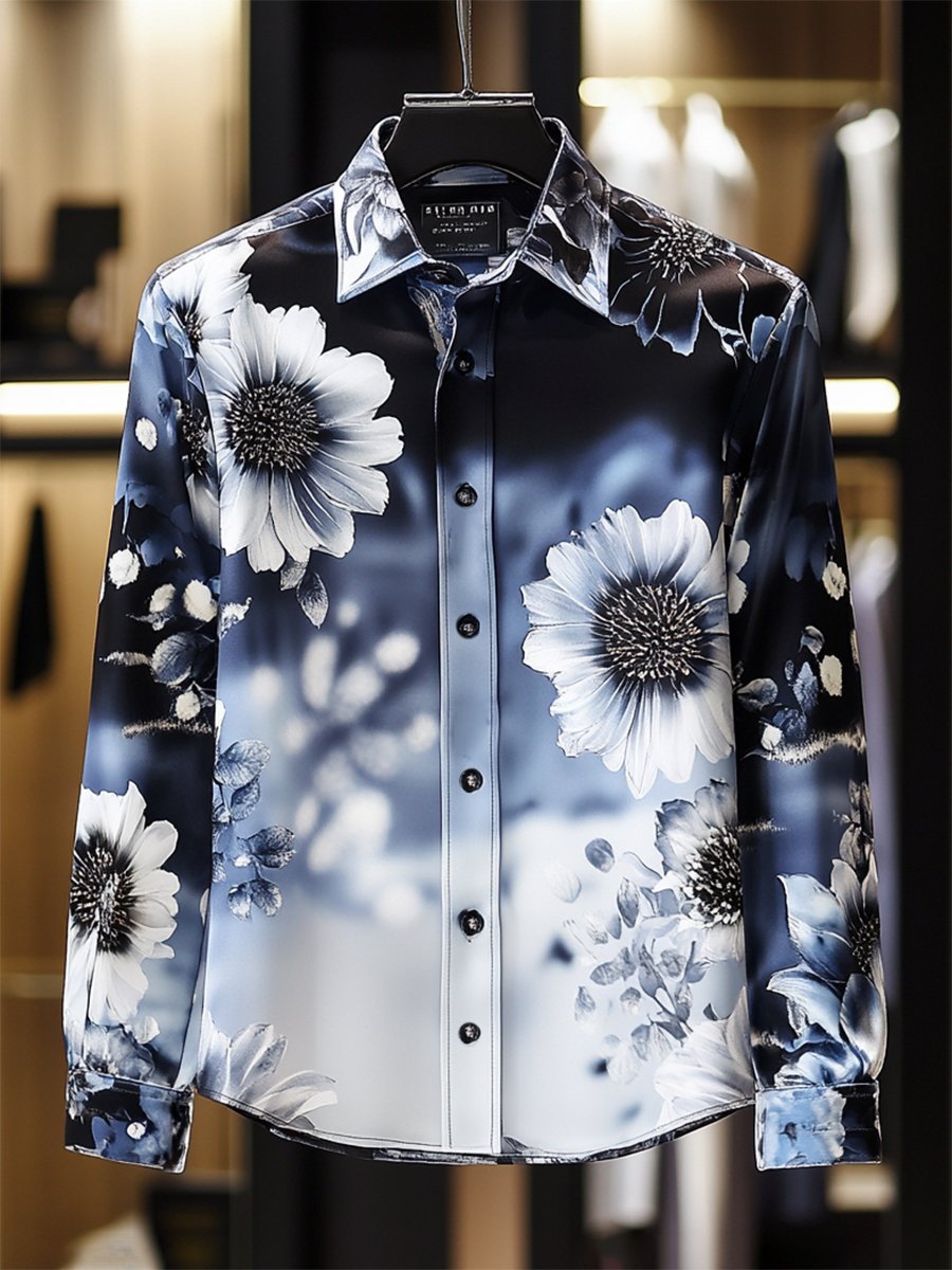 Camisa satén Luxe floral estampado de manga larga con botones para hombre