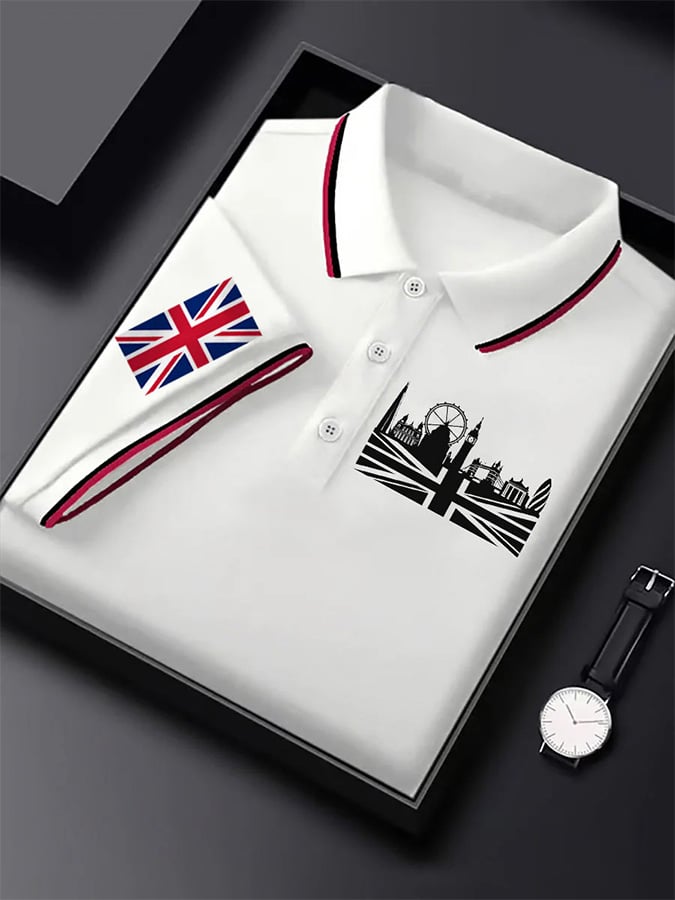 Camisa polo UK gráfico estampado de manga corta ejecutivo para hombre