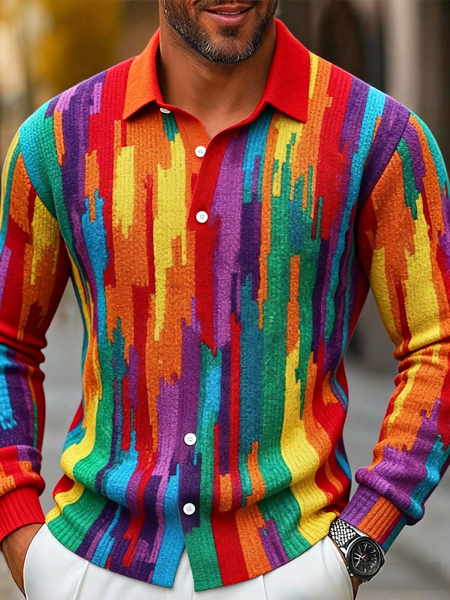 Cárdigan retro en bloques de color Abstract estampado tejido casual de manga larga para hombre