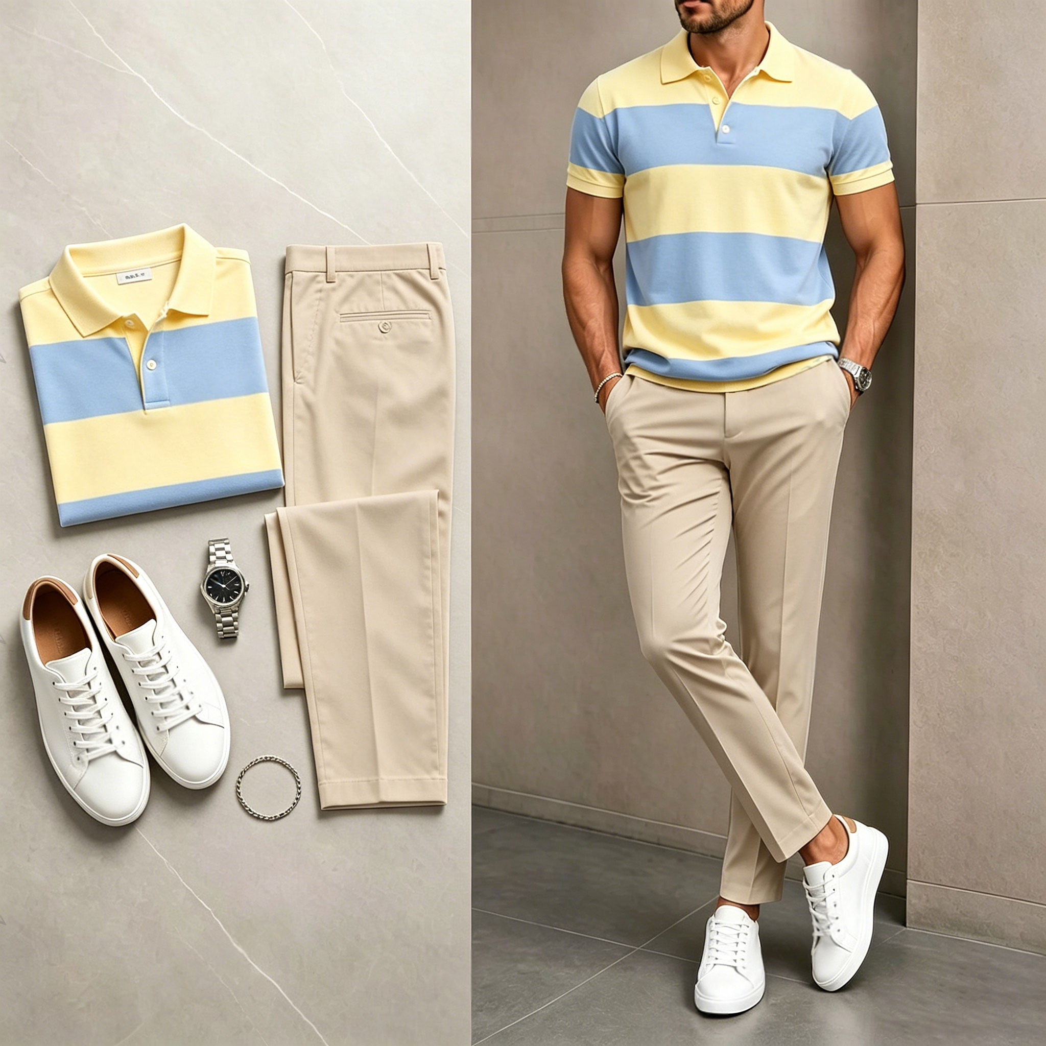 Conjunto de dos piezas casual Yellow rayas estampado camisa polo And pantalón para hombre