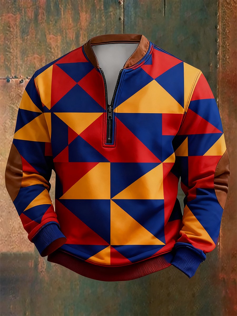 Sudadera retro Bauhaus geométrico Style estampado Quarter Zip para hombre