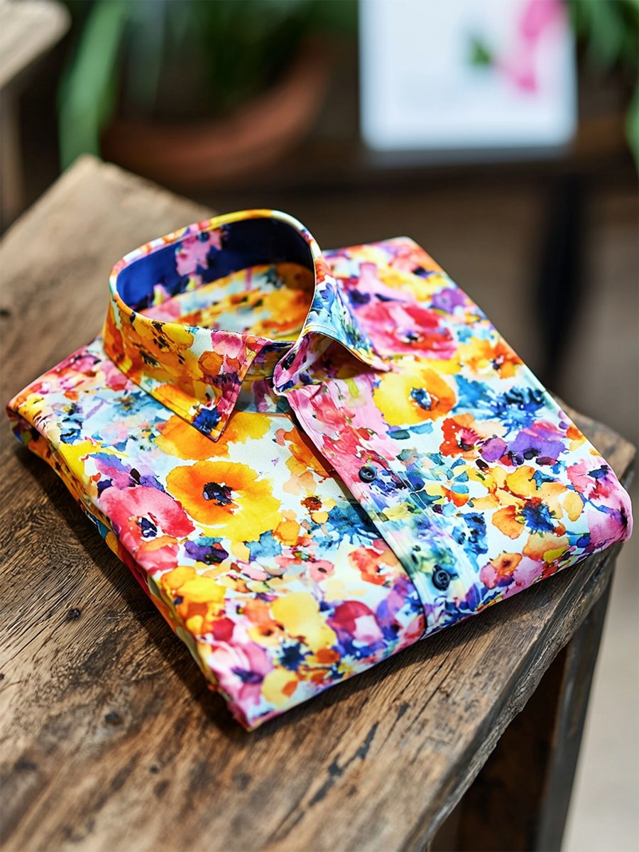 Camisa satén Luxe hawaiano estampado de manga corta Button para hombre