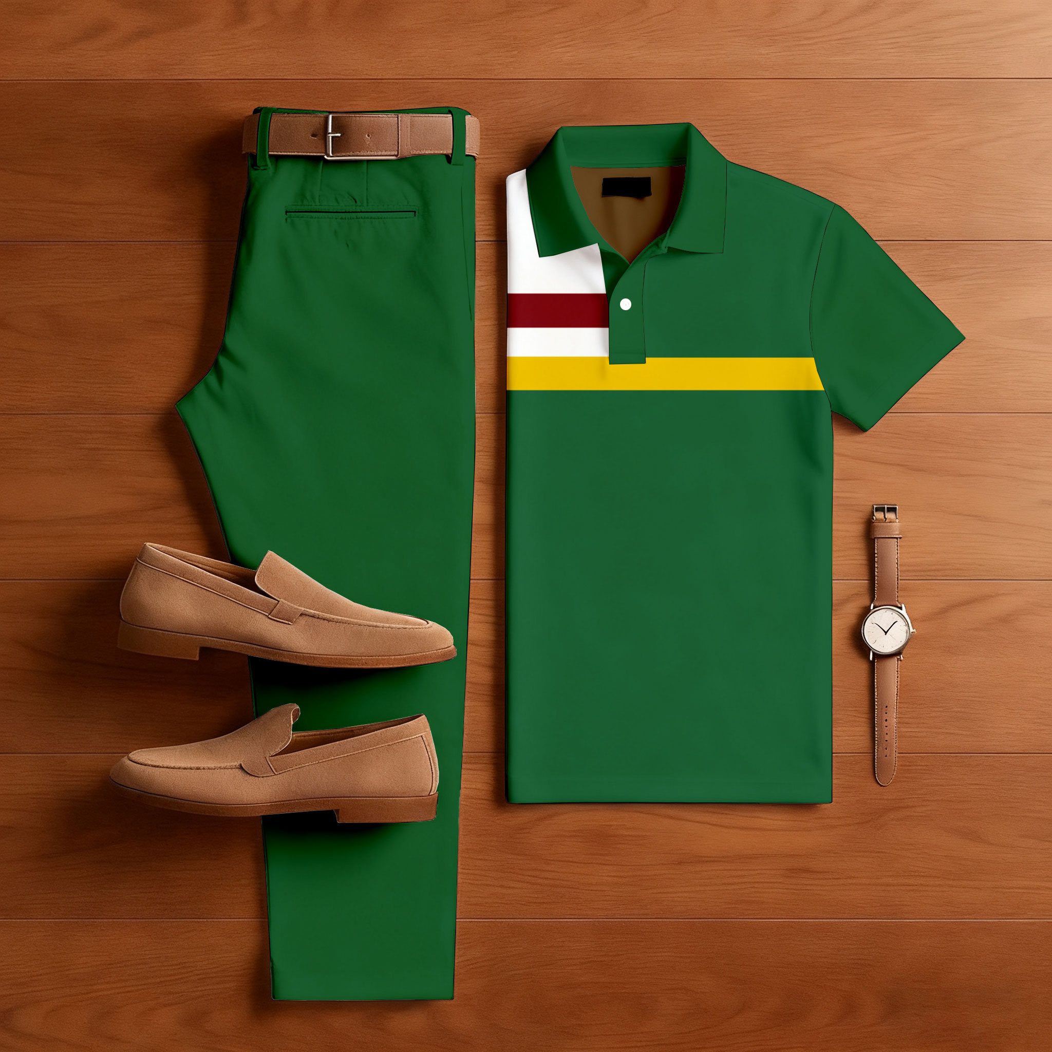 Conjunto de dos piezas casual Color Matching estampado Polo-Collar de manga corta Trousers para hombre