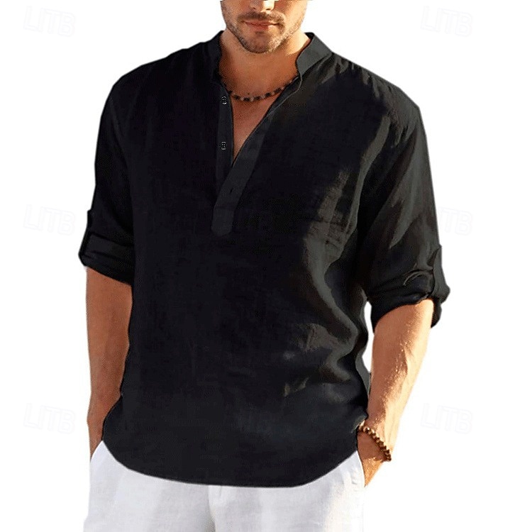 Camisa de lino camisa Band cuello camisa Popover camisa Summer camisa Beach Wear de color sólido hawaiano Holiday Black White Yellow Pink de manga larga Henley Summer Spring Clothing Apparel con botones para hombre - vista 7