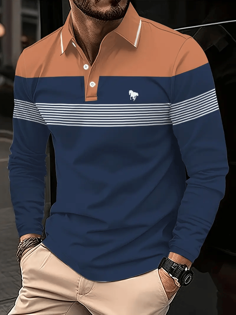 Camisa polo retro ejecutivo rayas estampado de manga larga para hombre