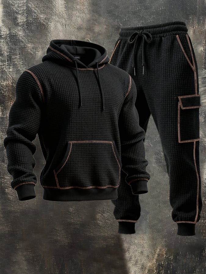 Sudadera Waffle Stitching Contrast Color Hooded casual Suit para hombre