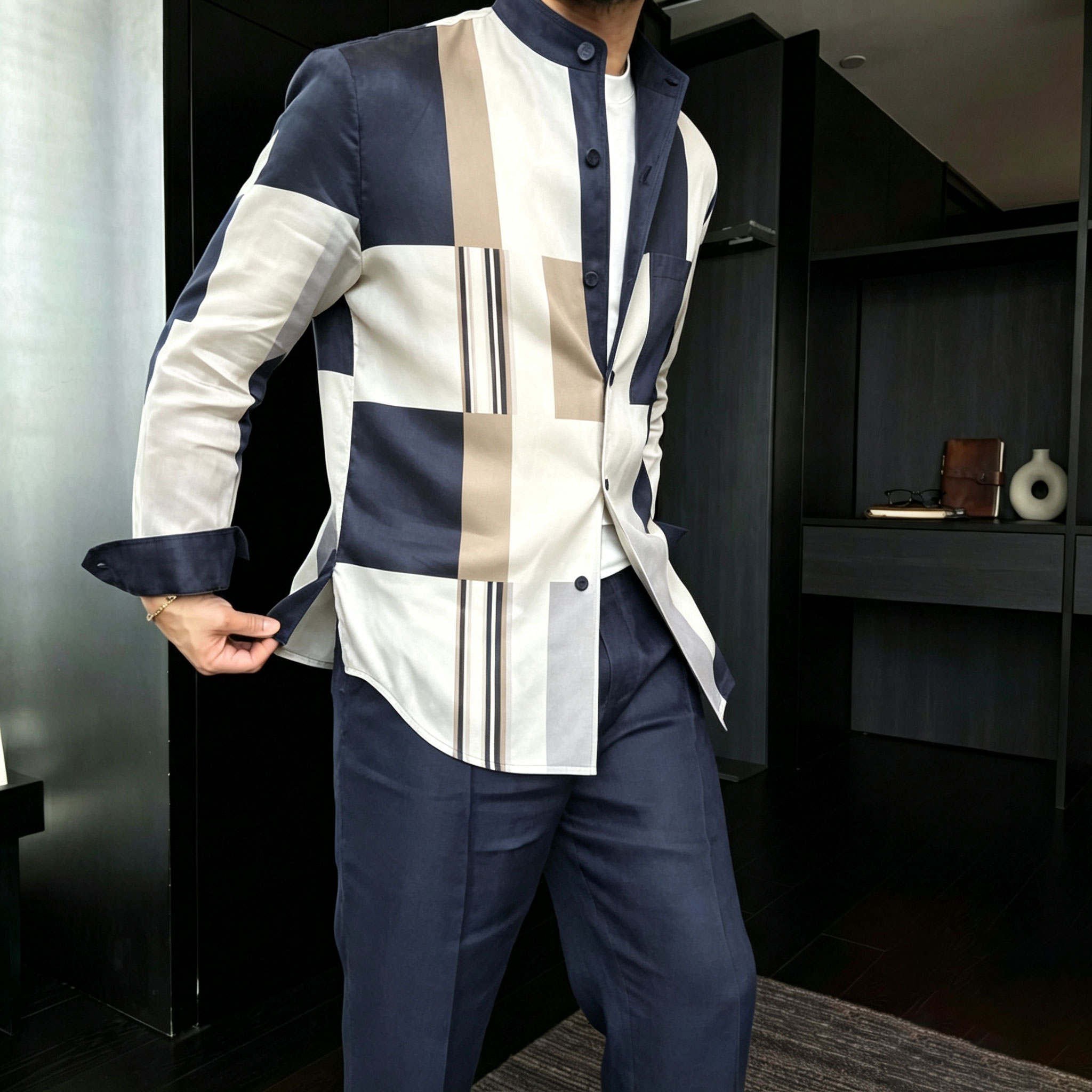 Conjunto de dos piezas casual Checkered estampado Stand-Collar de manga larga camisa and pantalón para hombre