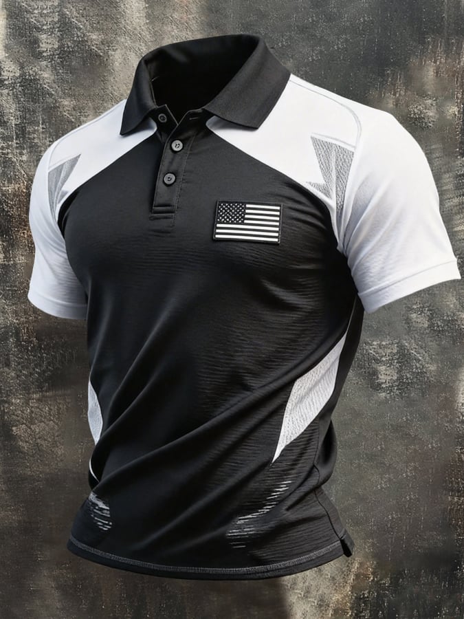 Camisa polo retro Patriotic Color-Block de manga corta para hombre