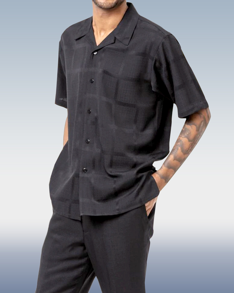 Black Tone On Tone Walking Suit 2 Piece de manga corta Set