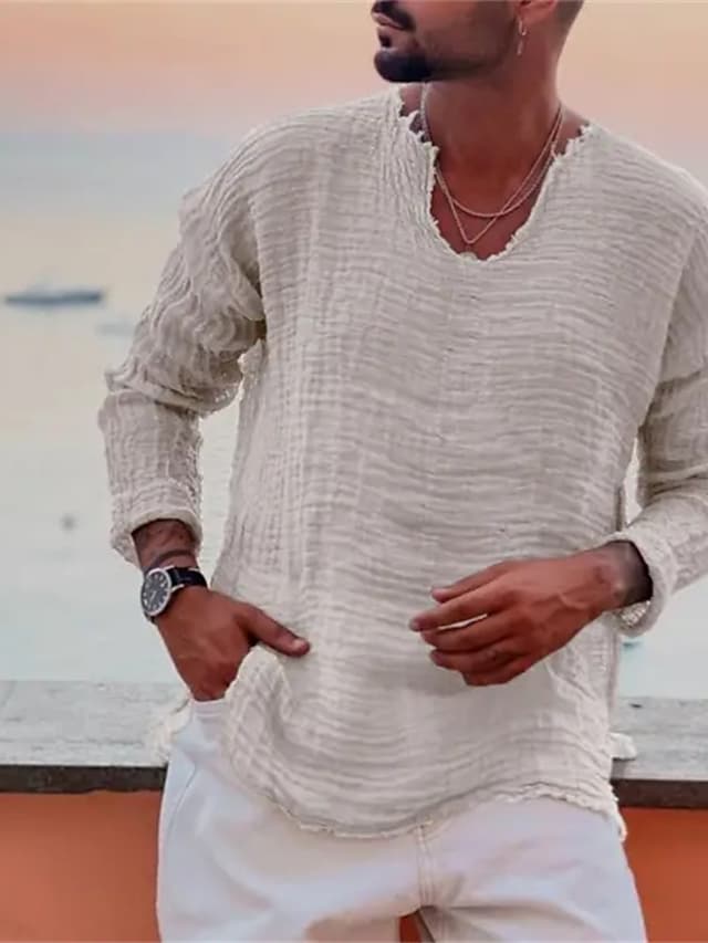 Camisa de lino Summer camisa Beach Wear casual camisa Plain Vacation Curise White Blue Brown Khaki de manga larga V Neck Spring & Summer Clothing Apparel para hombre
