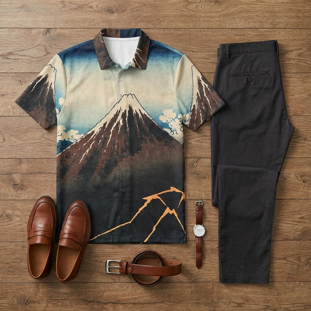 Conjunto de dos piezas casual Brown Scenery estampado de manga corta camisa polo And Trousers para hombre