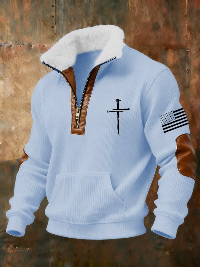 Sudadera retro Faith Cross estampado cierre Fur cuello de manga larga para hombre