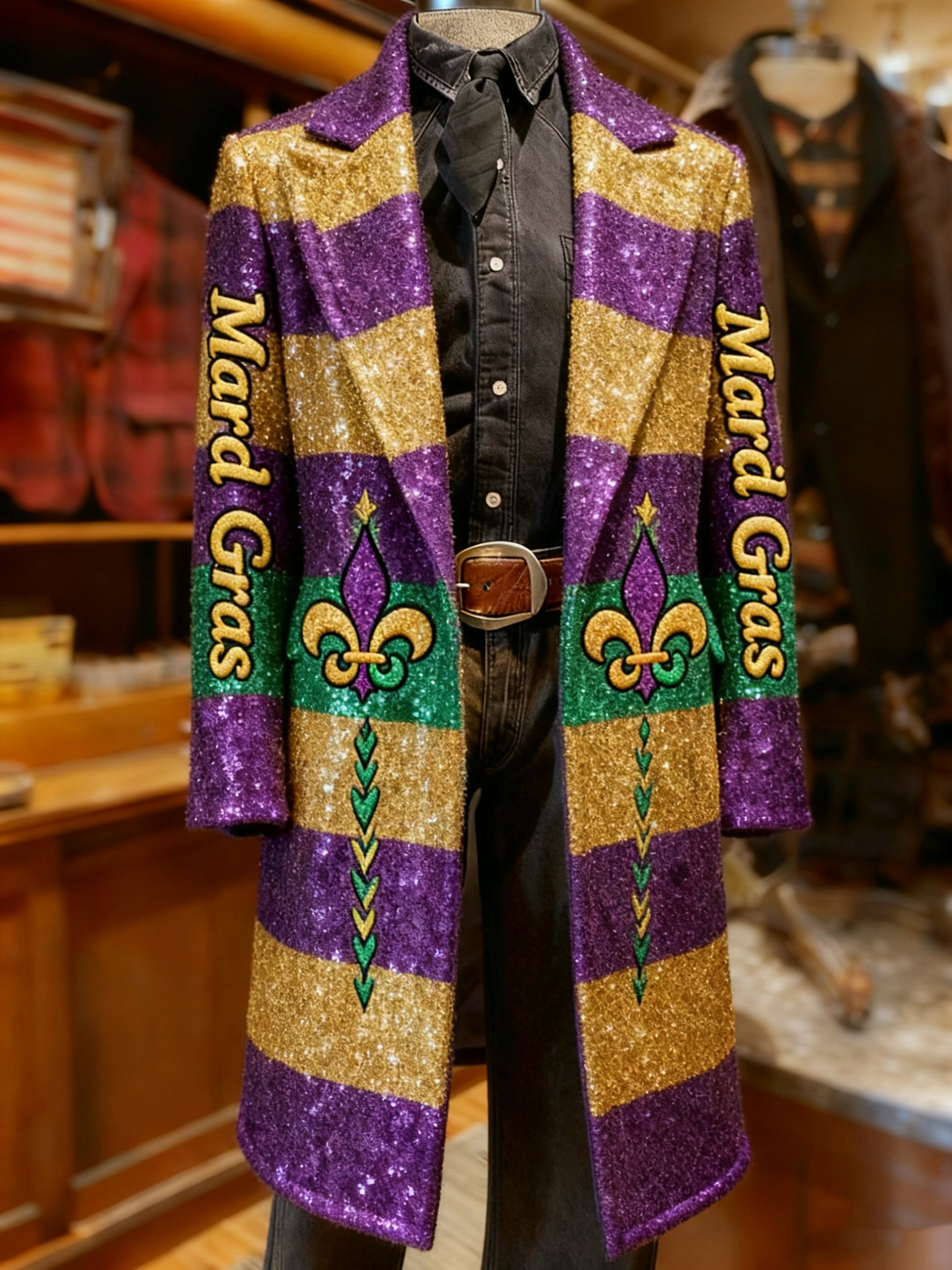 Abrigo ejecutivo vintage Mardi Gras Fleur-de-lis estampado Long lana para hombre