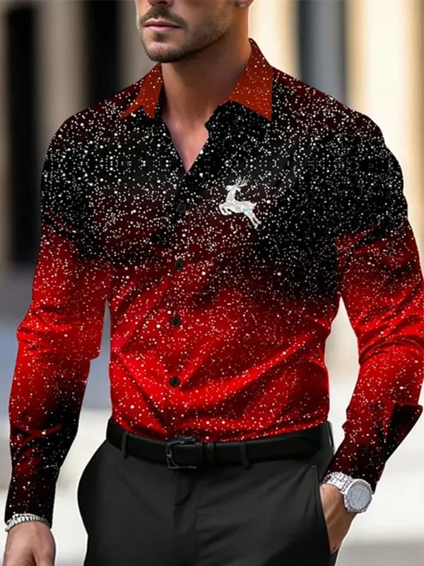 Camisa vintage Christmas Elk ejecutivo estampado de manga larga para hombre