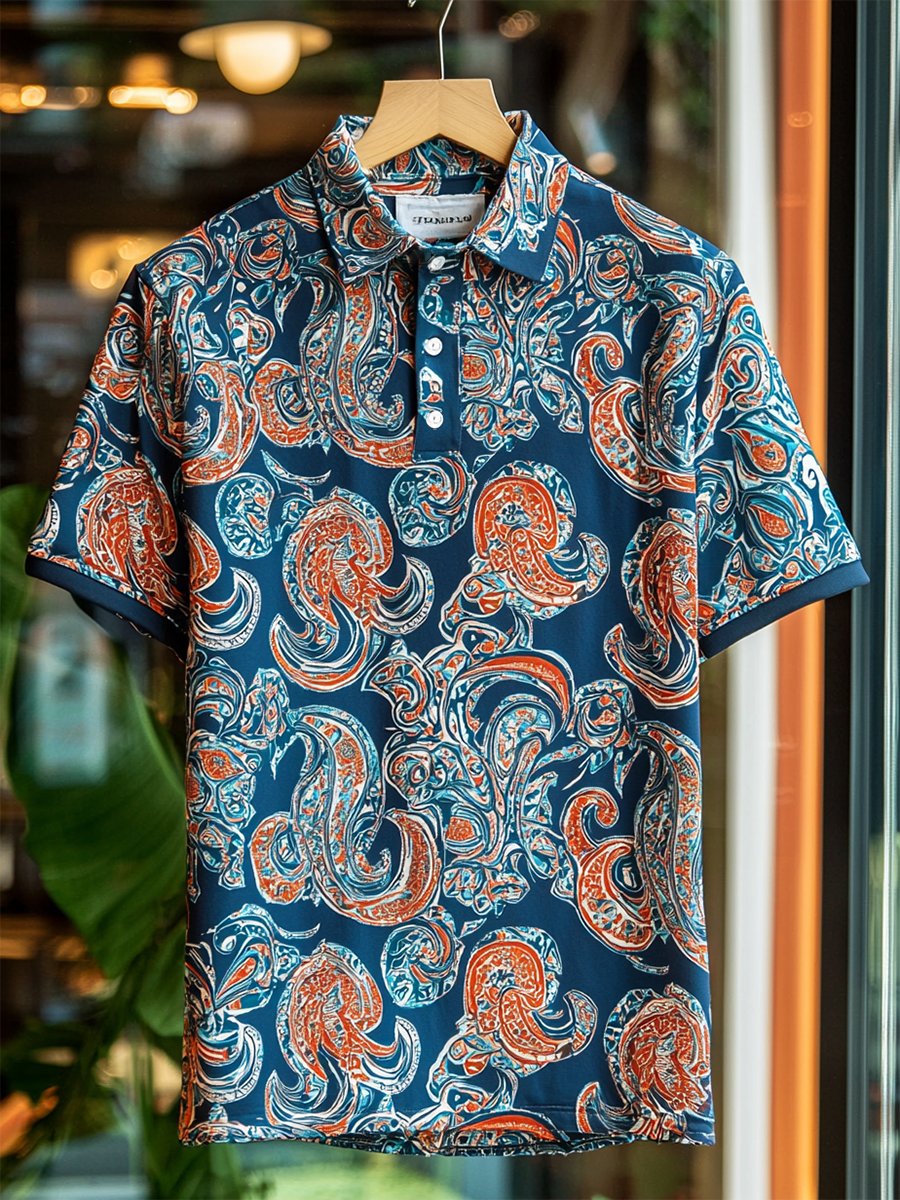 Camisa polo casual ejecutivo Paisley Button de manga corta para hombre