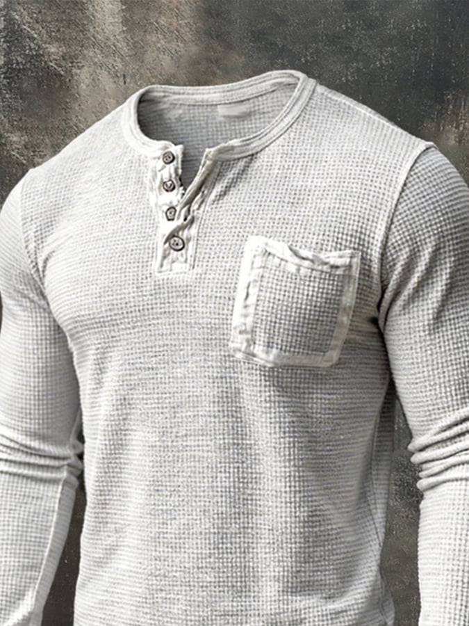 Retro desgastado Waffle casual Henley cuello de manga larga Top para hombre