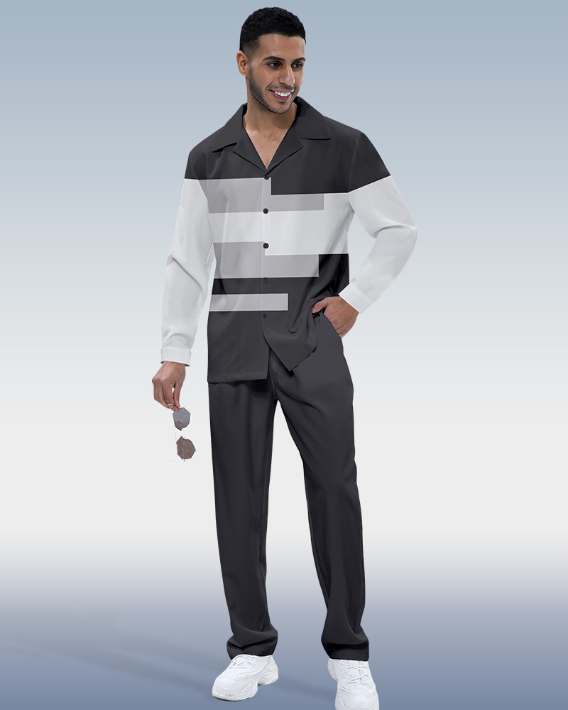Camisa en bloques de color estampado de manga larga Walking Suit 442 para hombre
