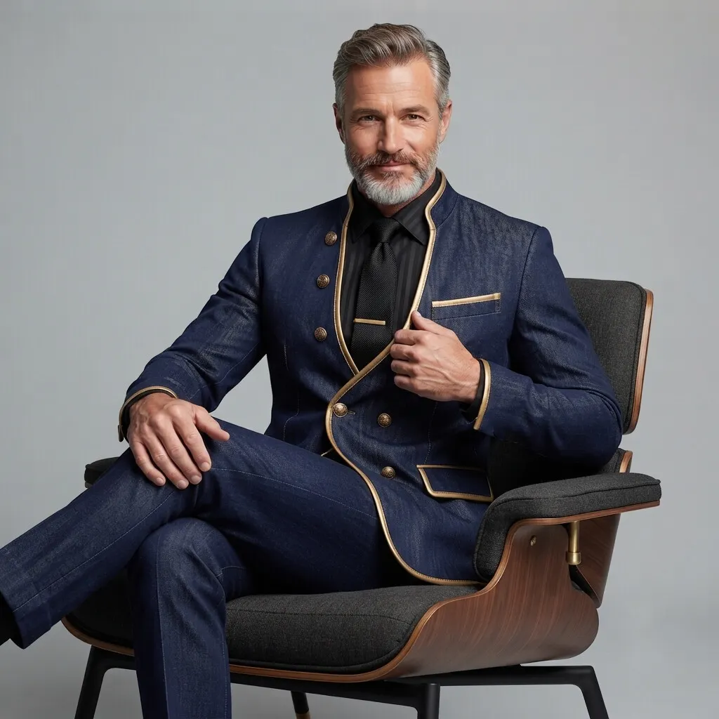 para hombre Navy Blue Denim Contrast Piping Stand Collar Double-Breasted chaqueta