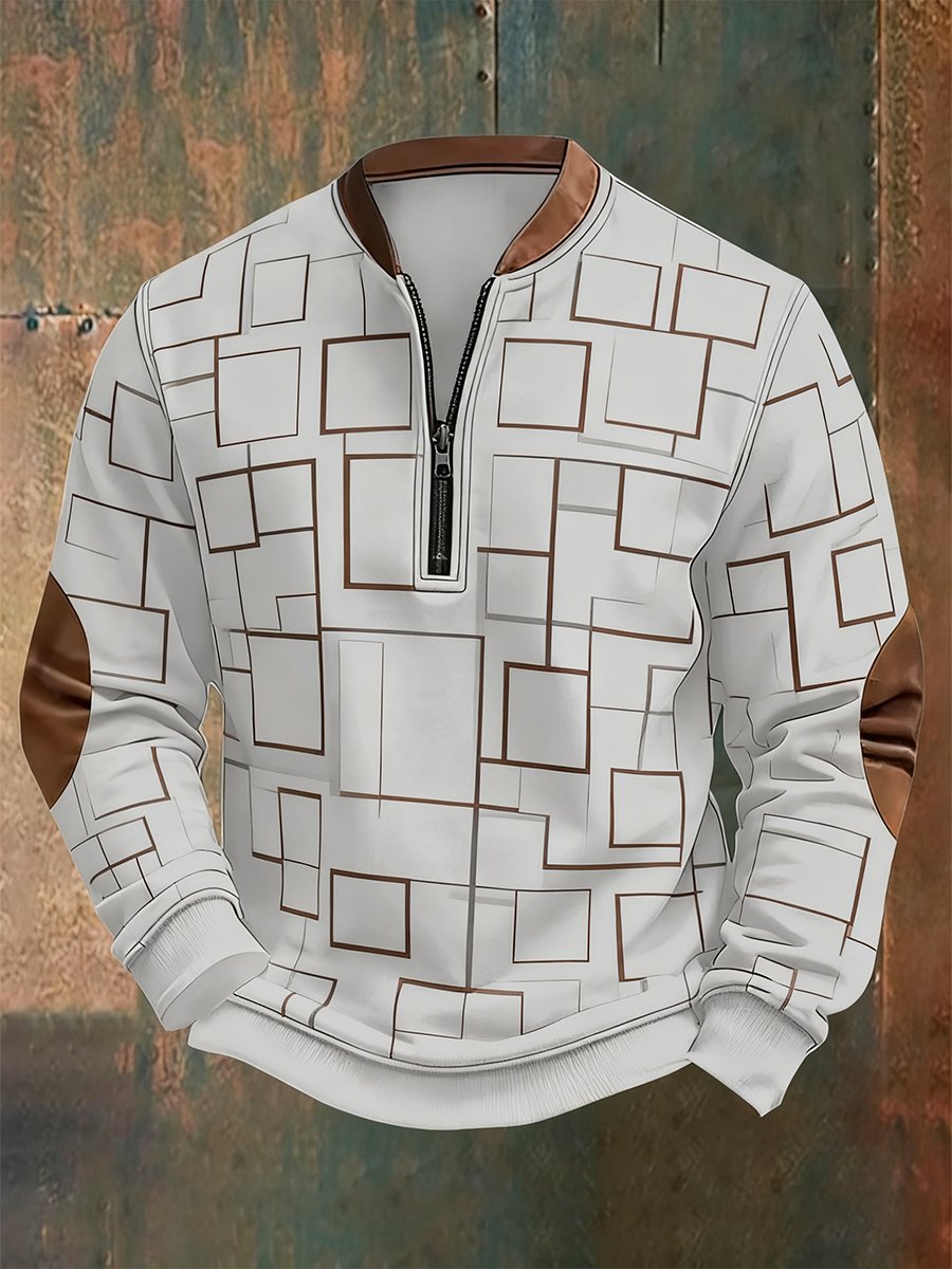 Sudadera retro Bauhaus geométrico Style estampado Quarter Zip para hombre
