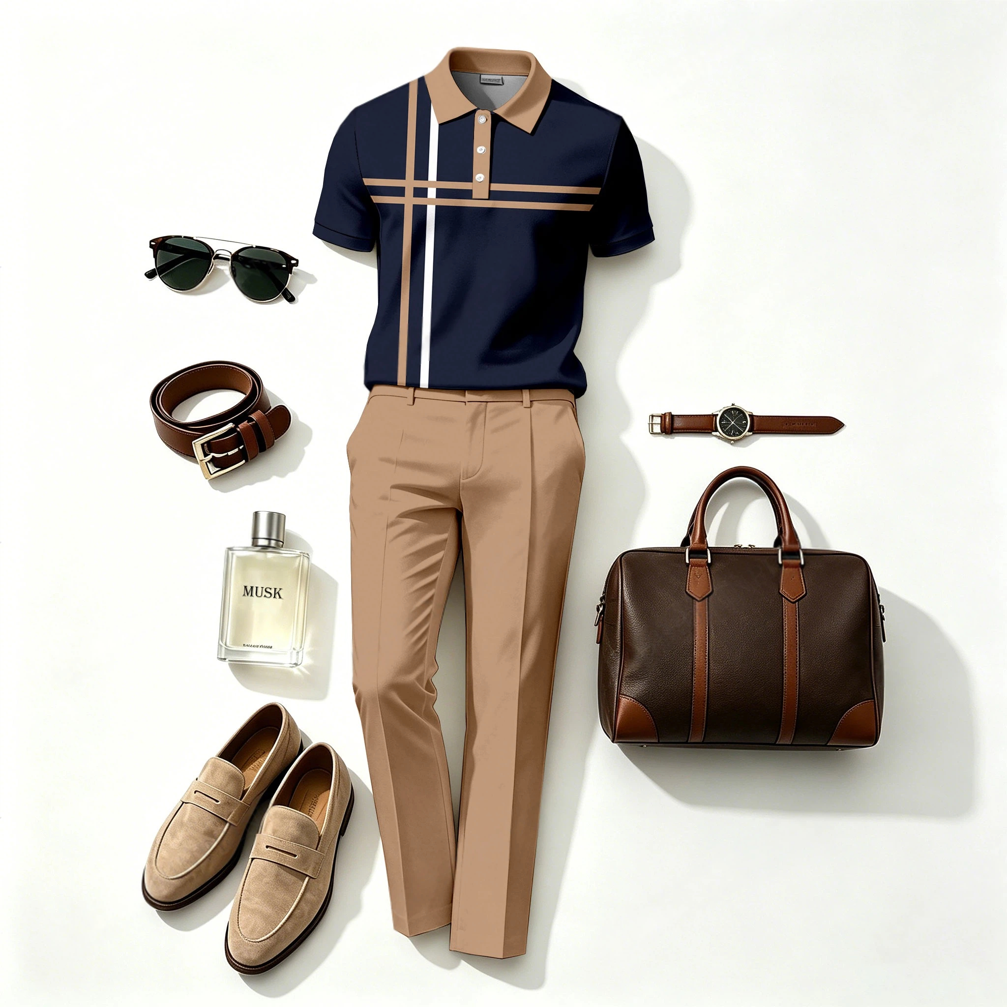 Conjunto de dos piezas casual Horizontal and Vertical Cross-Patterned de manga corta camisa polo and Long pantalón (Does Not Include Accessories Such As Watches Or Glasses) para hombre
