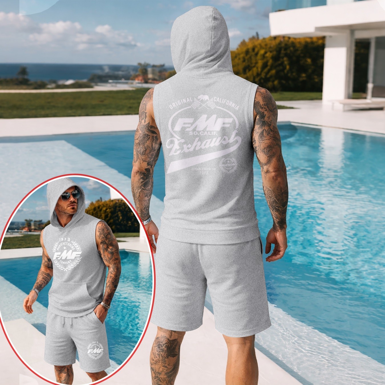 Conjunto de dos piezas : retro-estampado Hooded Vest & shorts — Regular Fit, casual Sporty Style, Sleeveless Top & shorts; Summer Apparel para hombre