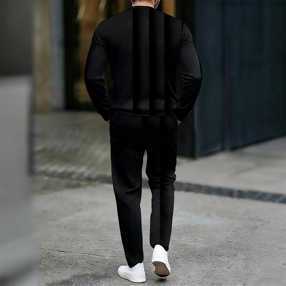 Conjunto de dos piezas casual Color Matching estampado Round-Neck Zipper de manga larga Trousers para hombre