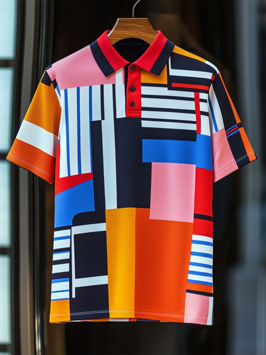Camisa polo ejecutivo casual Bauhaus estampado Button de manga corta para hombre
