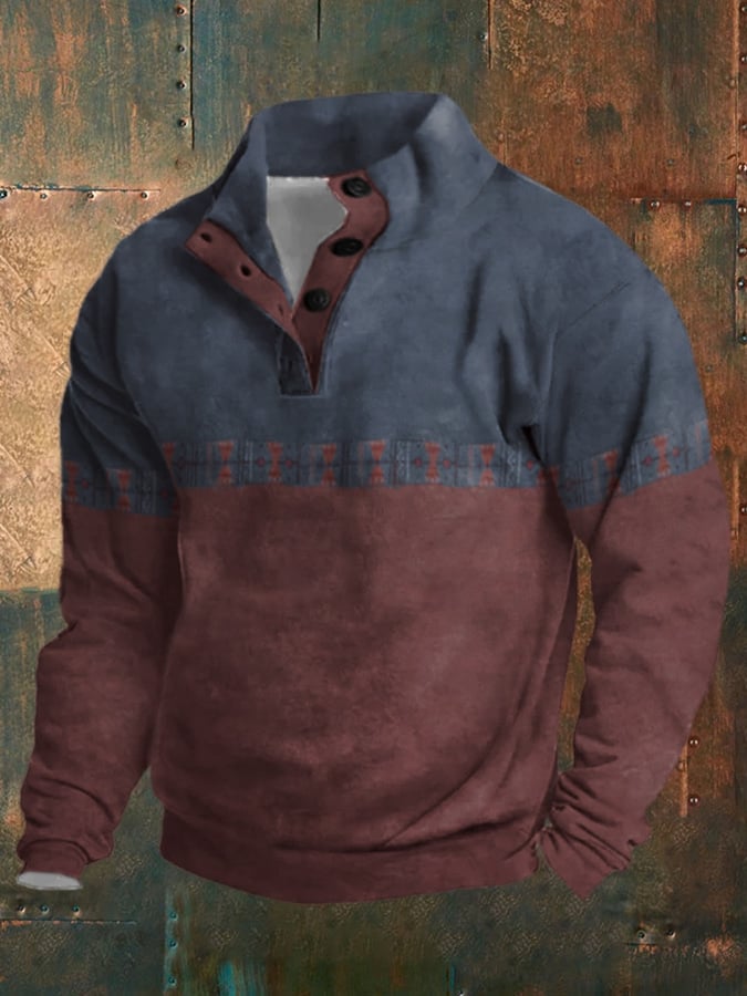 Sudadera retro Western en bloques de color estampado de manga larga para hombre