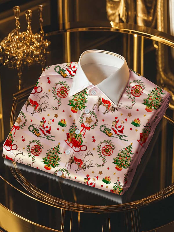 Camisa de lujo Christmas Contrast Color estampado de manga larga para hombre