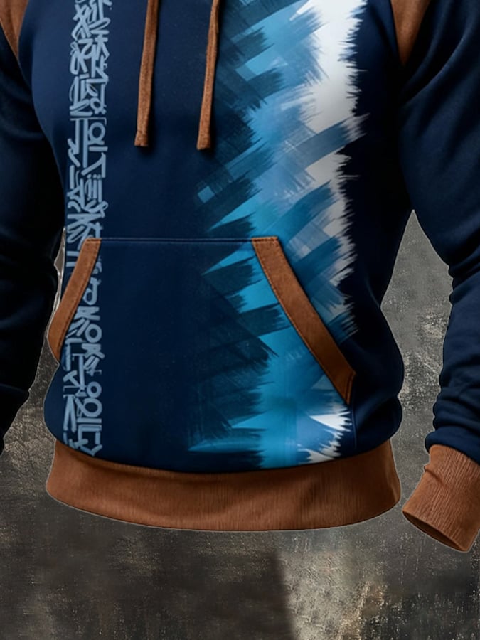 para hombre retro Distressed en bloques de color Print casual Fur Collar de manga larga Sweacamiseta