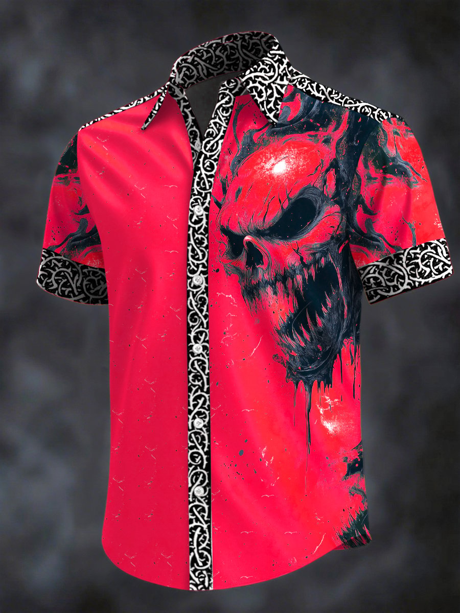 Camisa retro Horror Skull estampado solapa de manga corta para hombre