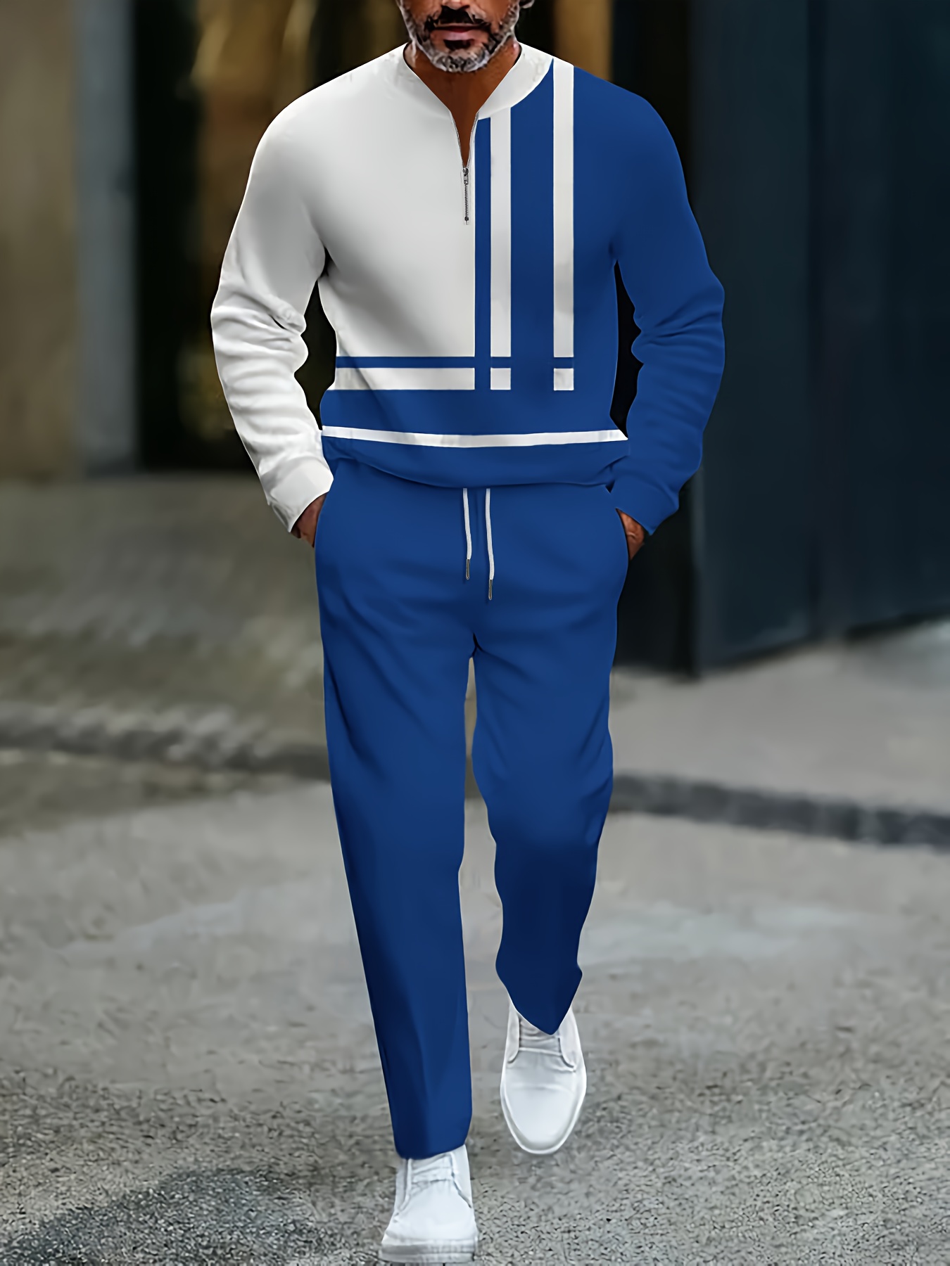 Conjunto de dos piezas casual Color Matching estampado Round-Neck Zipper de manga larga Trousers para hombre
