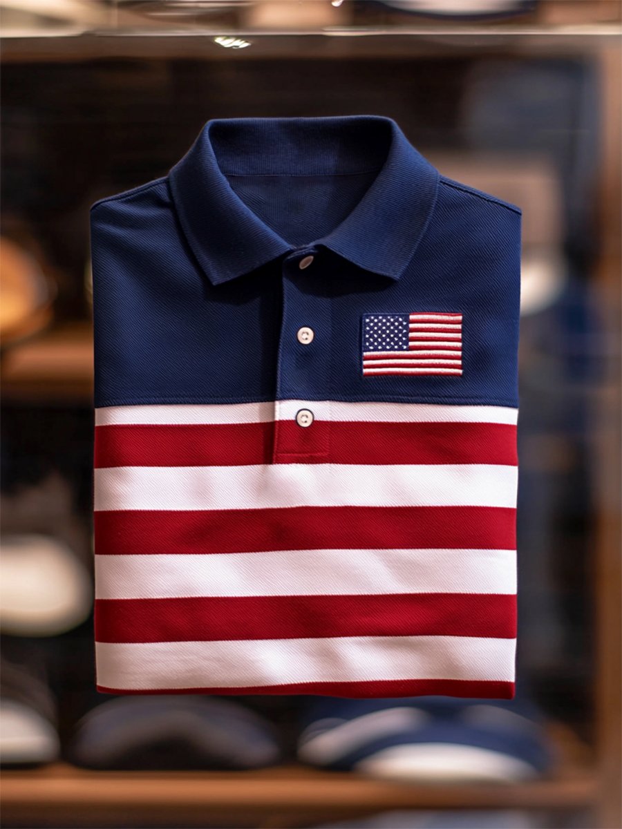 Camisa polo ejecutivo casual Independence Day a rayas Button de manga corta para hombre