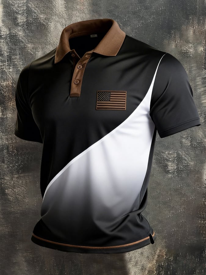 Retro Patriot en bloques de color Polo Collar de manga corta para hombre