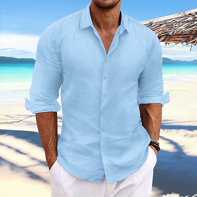 Camisa de lino Summer camisa Beach Wear casual camisa Button Up camisa Plain casual para uso diario Light Yellow White Pink Dark Navy de manga larga Spring & Summer Clothing Apparel para hombre