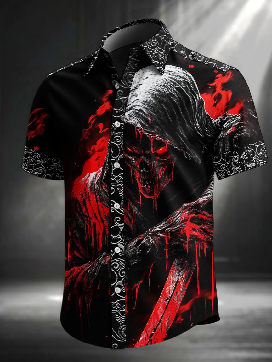 Camisa retro Skull estampado solapa de manga corta para hombre
