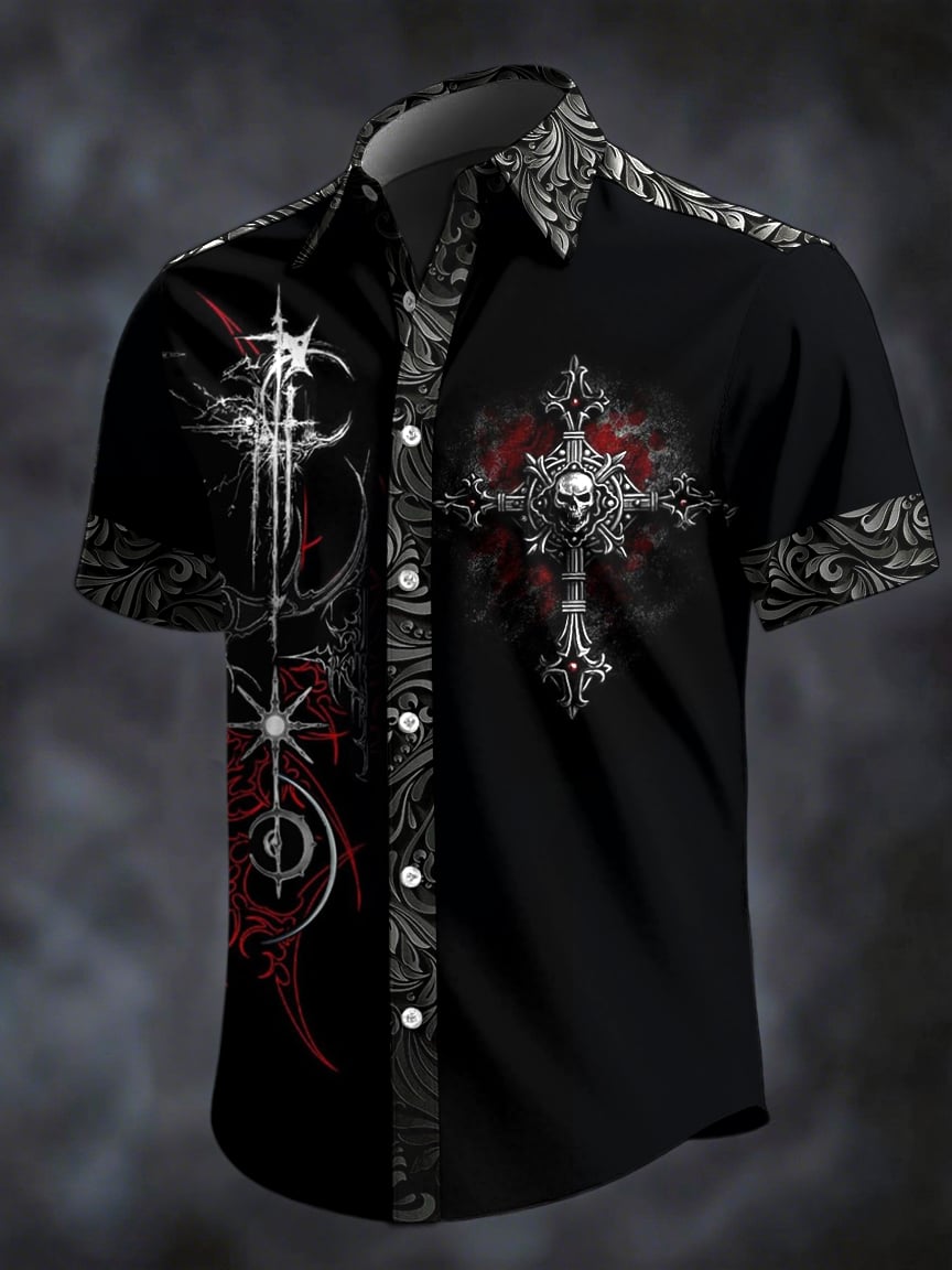 Camisa retro Horror Skull estampado solapa de manga corta para hombre