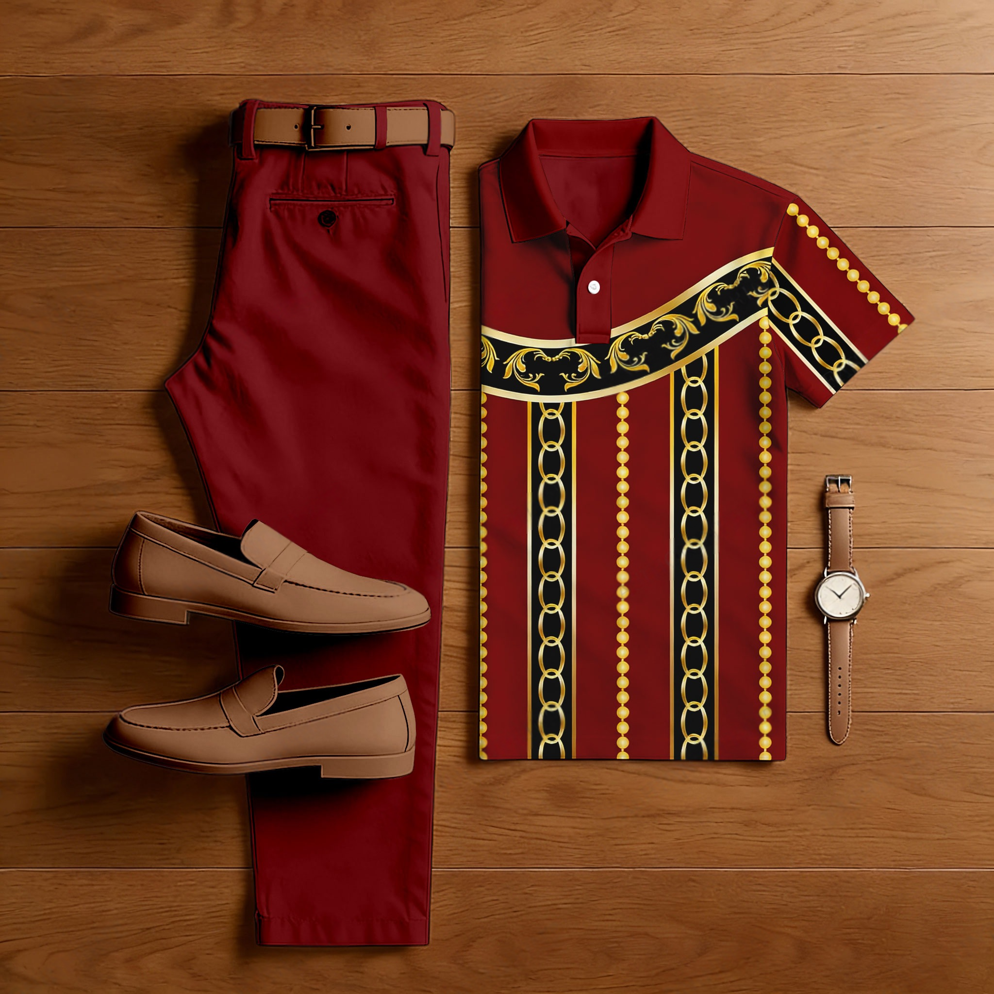 Conjunto de dos piezas casual Burgundy & Black Color Matching estampado de manga corta camisa polo & Trousers para hombre