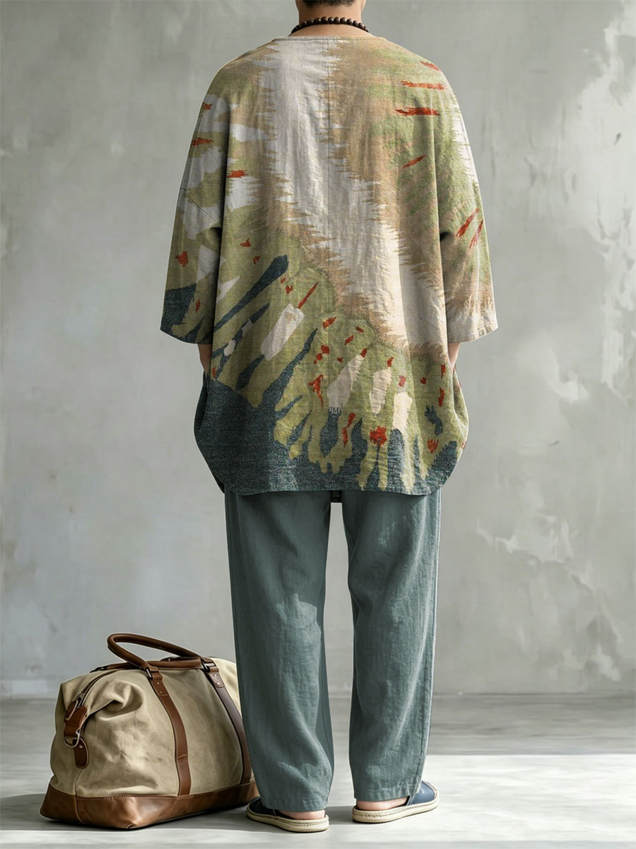 para hombre Abstract Color Print casual Round Neck de manga corta de lino Top shorts Two-piece