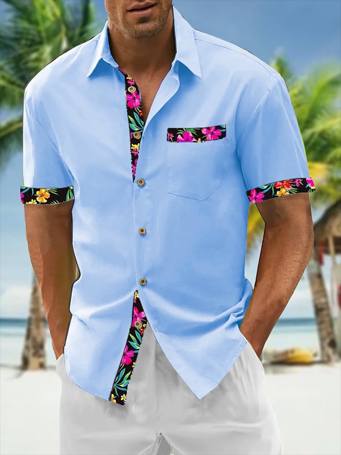 Camisa Resort Style Contrast estampado casual de manga corta para hombre
