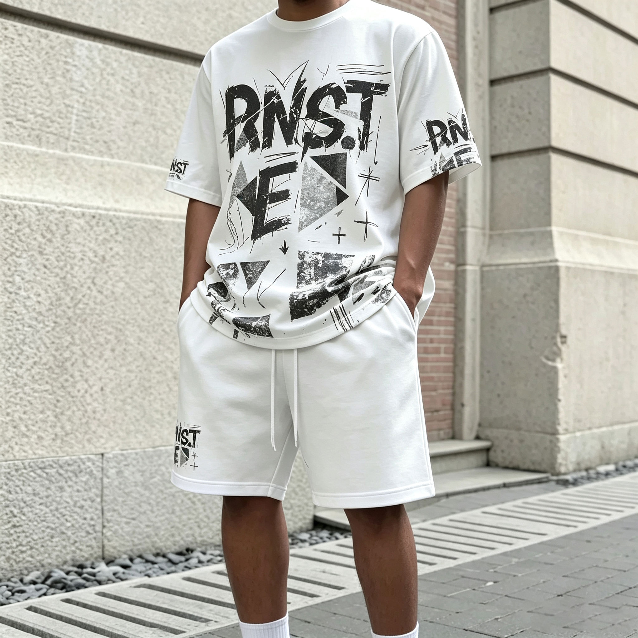 Conjunto de dos piezas casual Letter-estampado Round-Neck de manga corta camiseta and shorts para hombre