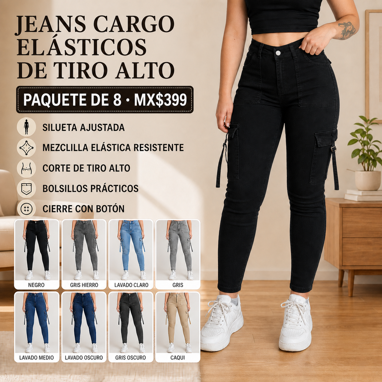 Jeans cargo ajustados de tiro alto para mujer · vista 1