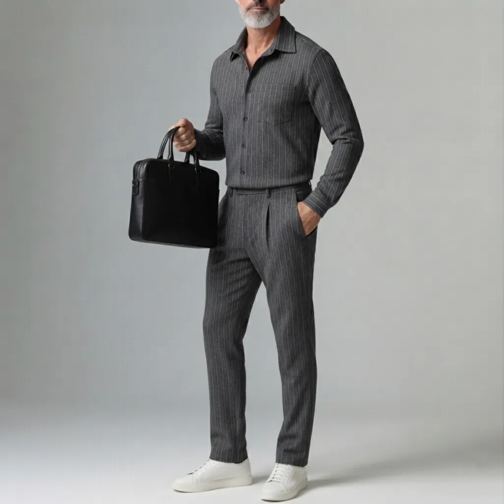para hombre Dark Gray Pinstripe Print Chest Pocket Button-Up camisa & Suit pantalón 2Pcs Set