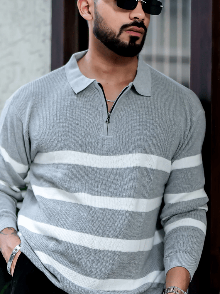 Camisa polo retro ejecutivo rayas estampado de manga larga para hombre