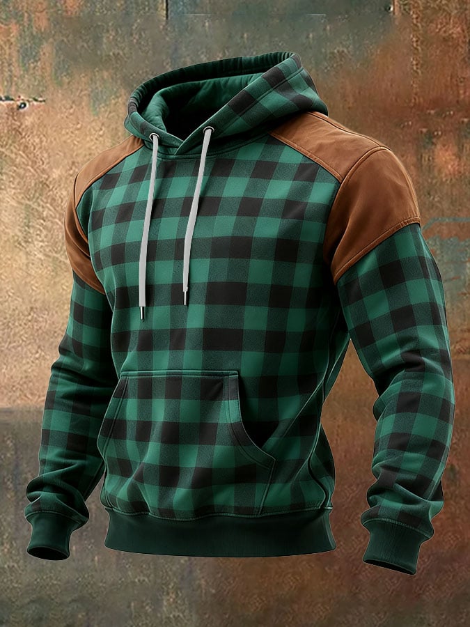 Sudadera casual retro a cuadros estampado de manga larga Hooded para hombre