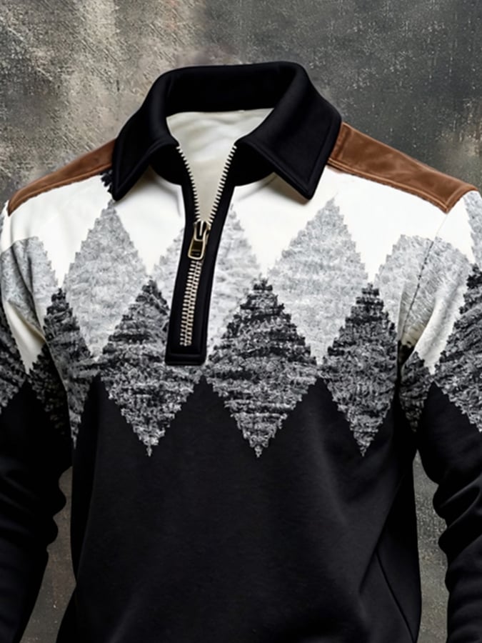 Sudadera retro en bloques de color estampado Color-Blocked con cierre para hombre